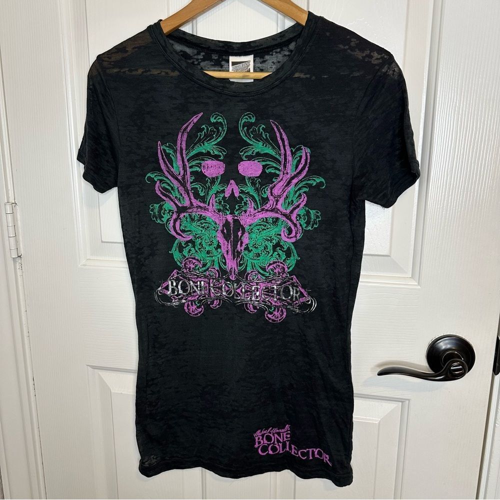 Y2K Black Bone Collector Glitter Logo Burnout Baby Tee Sz M Mcbling Grunge 2000s